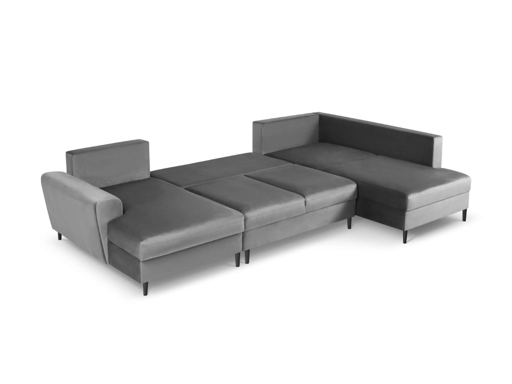Cosmopolitan Design - Divano panoramico convertibile destro con contenitore "Kyoto" 7 posti in velluto grigio chiaro 