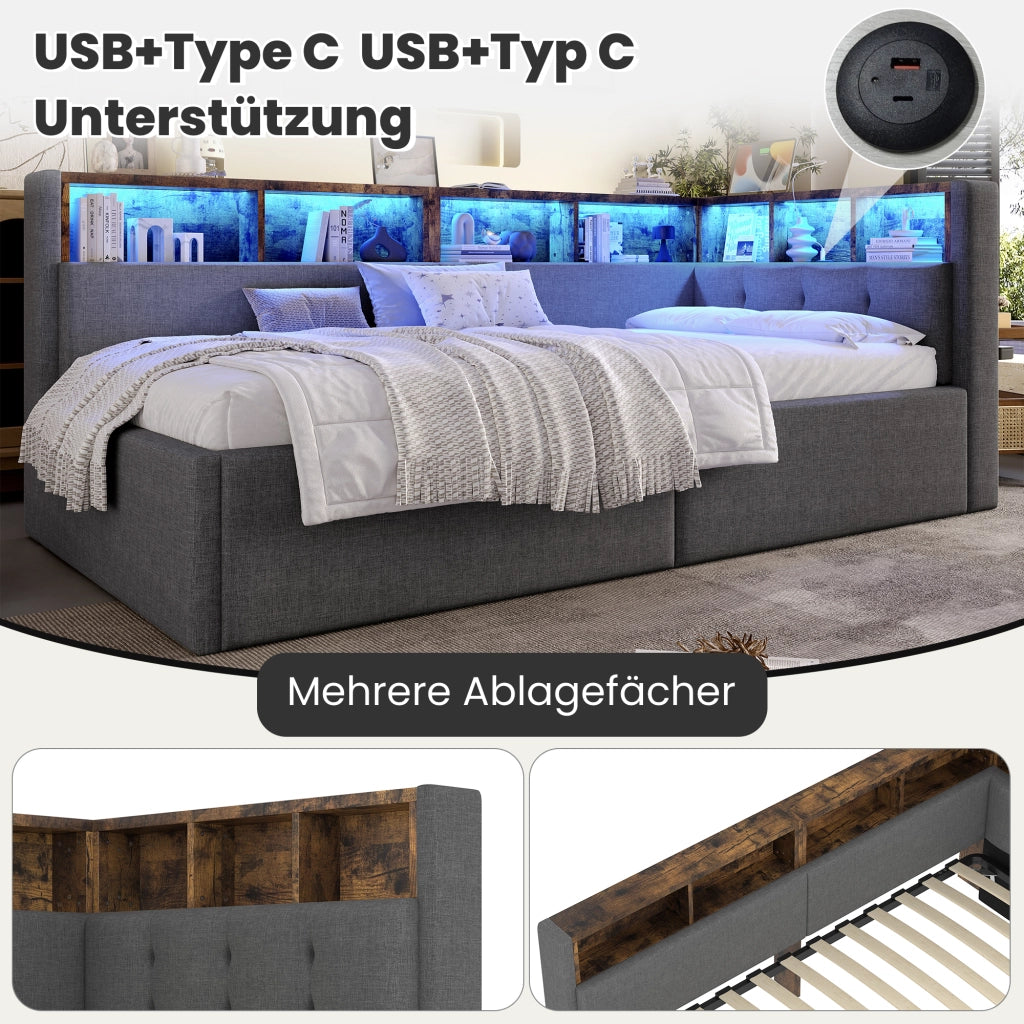 Tagesbett con funzione di stoccaggio idraulica in lino grigio 90x200 cm