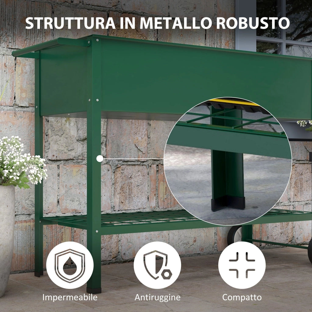 Fioriera da Esterno con Mensola Inferiore Portautensili 109x44x80 cm in Metallo Verde