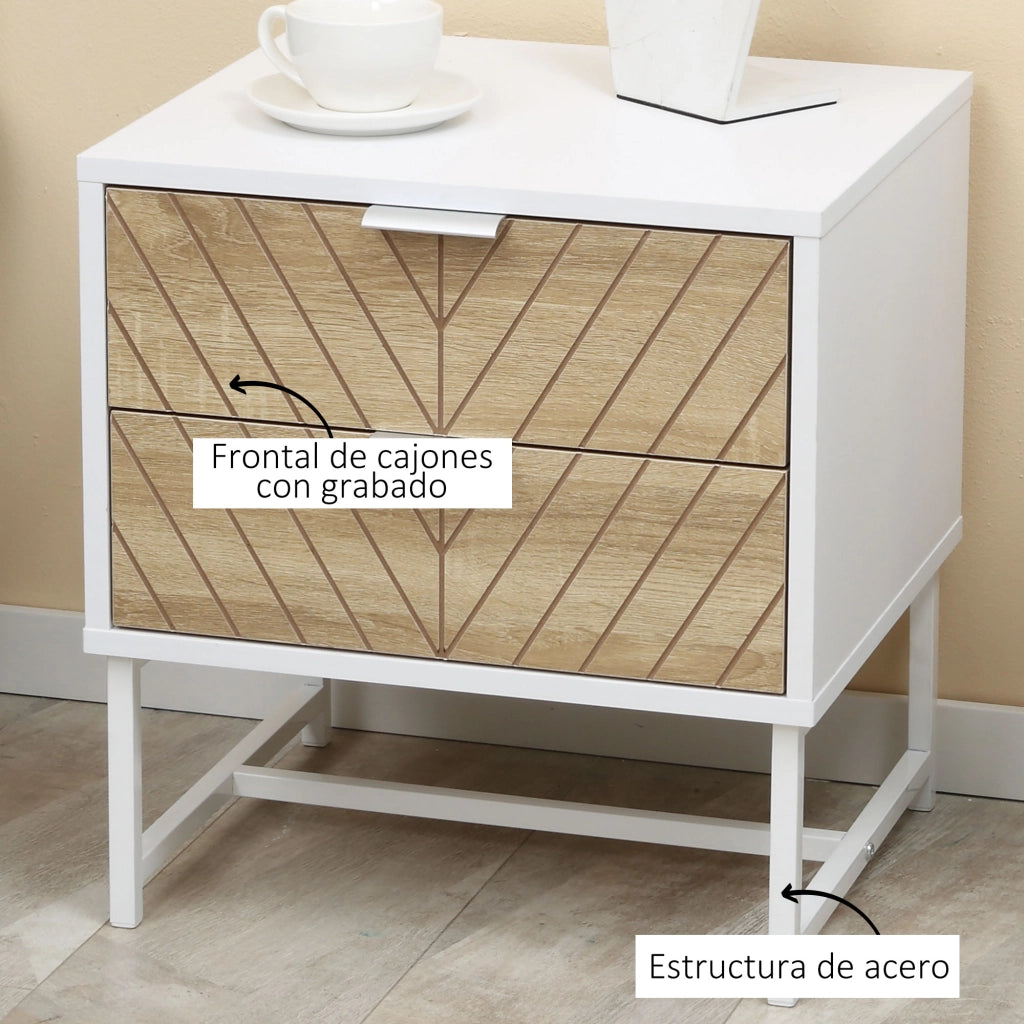 Comodino con 2 cassetti ¨C Xylo ¨C Bianco e rovere, gambe in acciaio, 45x39x48 cm