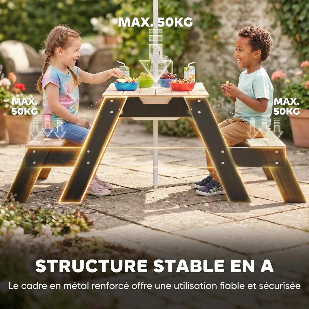 Tavolo da pranzo per bambini con sedie e ombrellone ¨C Minimal ¨C Legno naturale 90x90x50