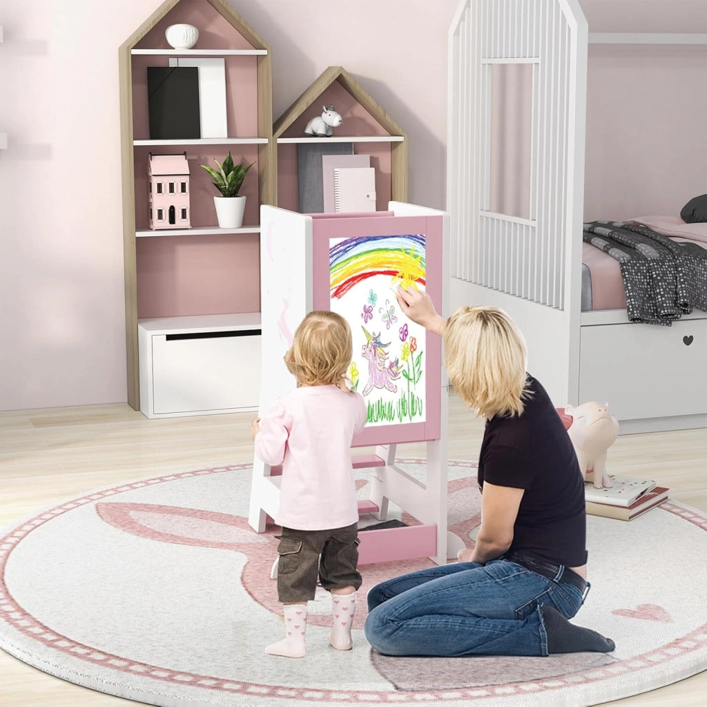 Torre per Bambini 2 in 1, Sgabello da Cucina per Bambini con Lavagna, Piattaforma e Gradino Regolabili, per Bambini da 1 a 7 Anni, Capacità di Carico 70 kg (Rosa)