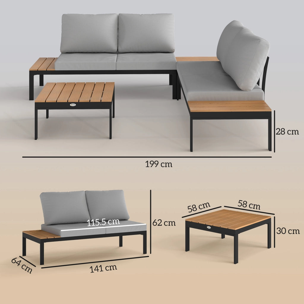 Set da Giardino 4 Pezzi con 2 Divanetti 2 Posti e 2 Tavolini in Metallo e Legno Composito, Grigio Nero e Teak