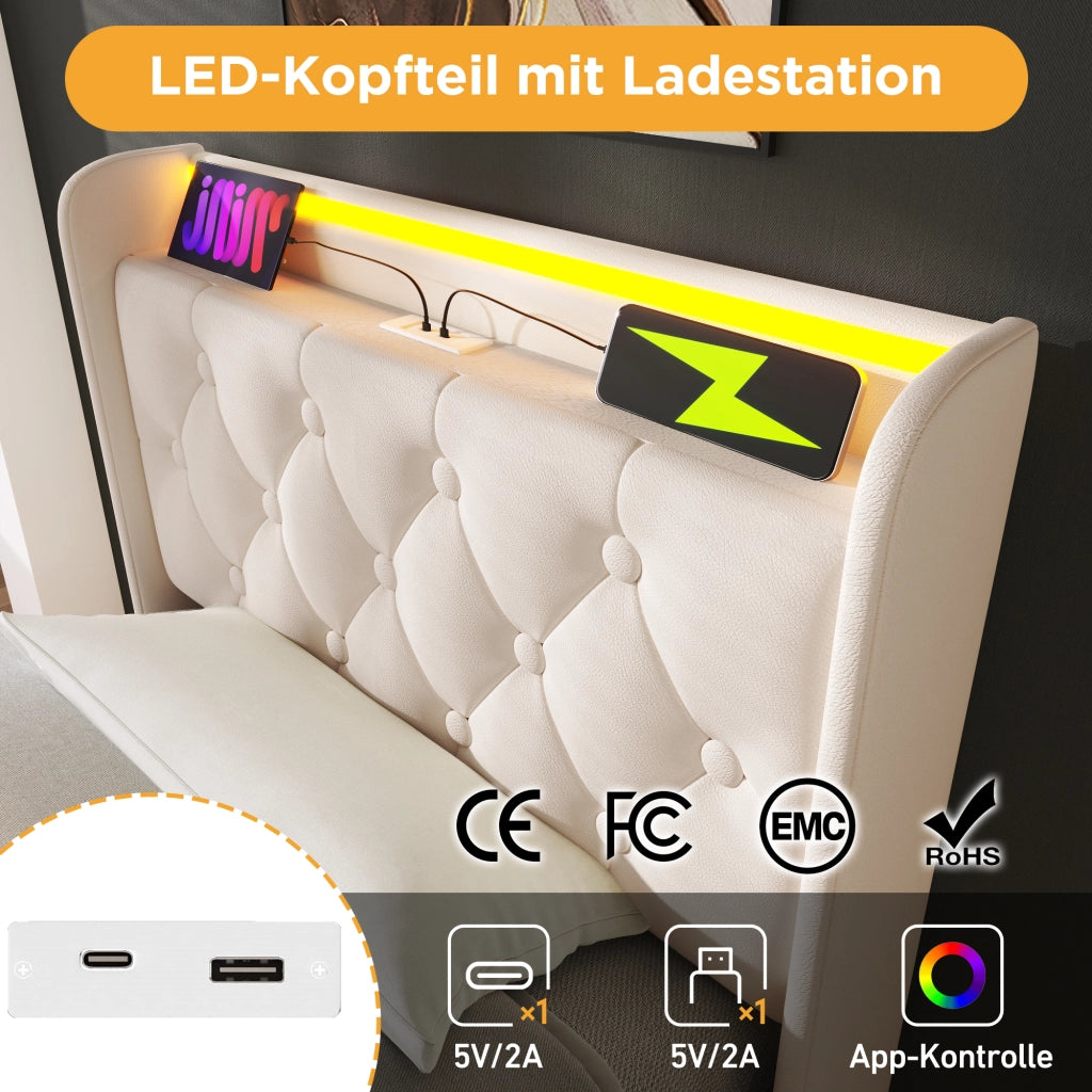 Letto singolo imbottito con LED a 360°; contenitore idraulico; testiera con porta USB/Tipo-C; PU bianco; 90x200 cm; materasso incluso