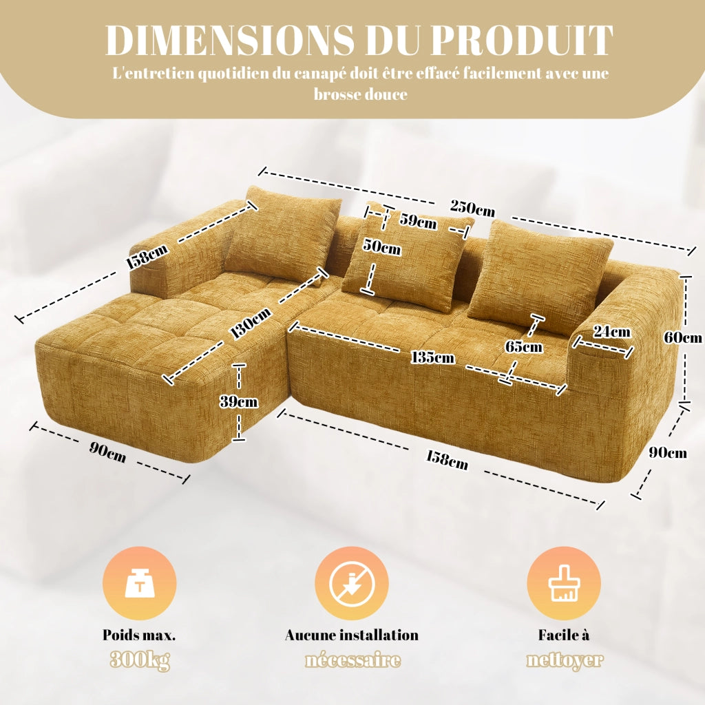Divano sezionale moderno - Zephmum- 3 posti, chenille, giallo