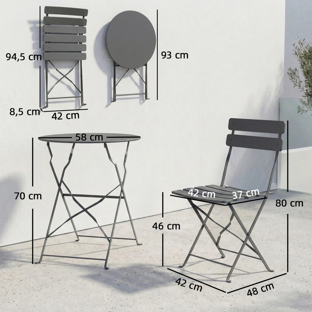 Set Bistrot Giardino 3 Pezzi Tavolo Pieghevole 2 Sedie Pieghevoli ¨C Xylo ¨C Metallo Grigio