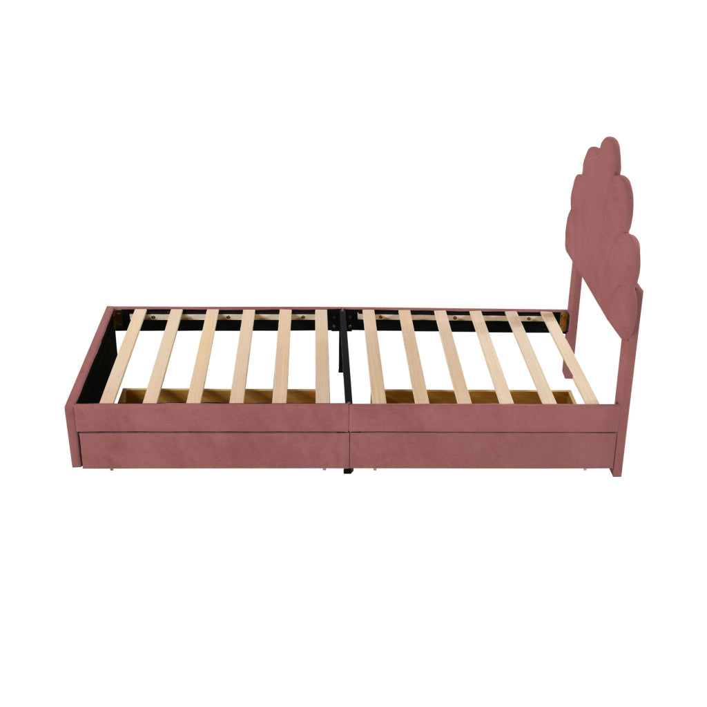 Letto imbottito per bambini 90x200 cm in velluto rosa con testiera decorativa e 2 cassetti