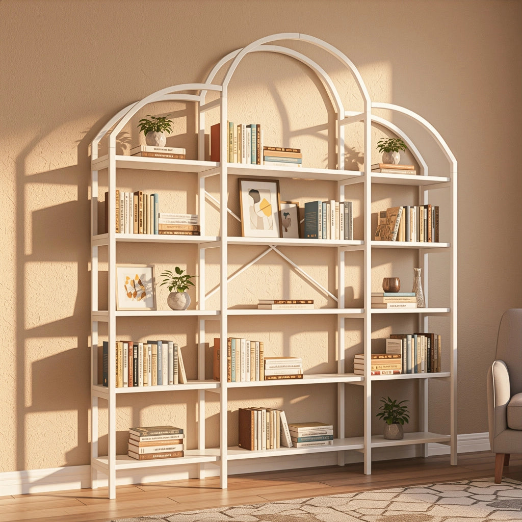 Libreria 5 Ripiani con Decorazione a Nuvola; Ampio Spazio; Struttura Stabile; Montaggio Facile; in MDF e Metallo Bianco