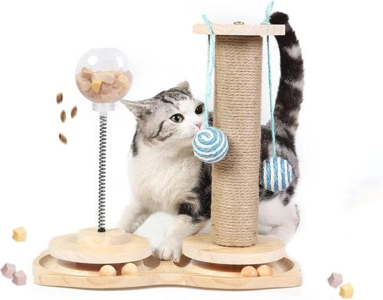Giocattolo interattivo per gatti - Ciotola per gatti - Giocattolo con pista in legno e palline - Giocattolo per gatti per interni e gattini - Krattolo con palline penzolanti