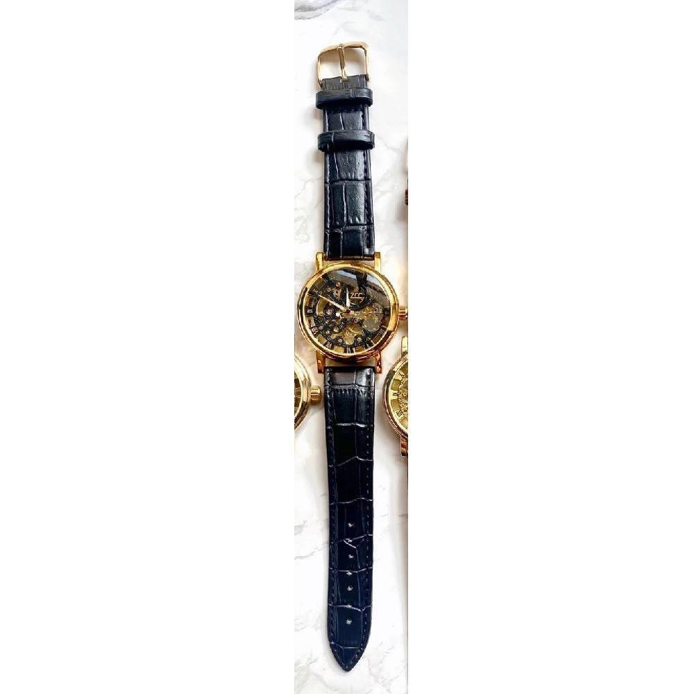 Trade Shop - Orologio Polso Zcc T001 Uomo Automatico Cinturino Pelle Nero Dorato Fondo Nero -