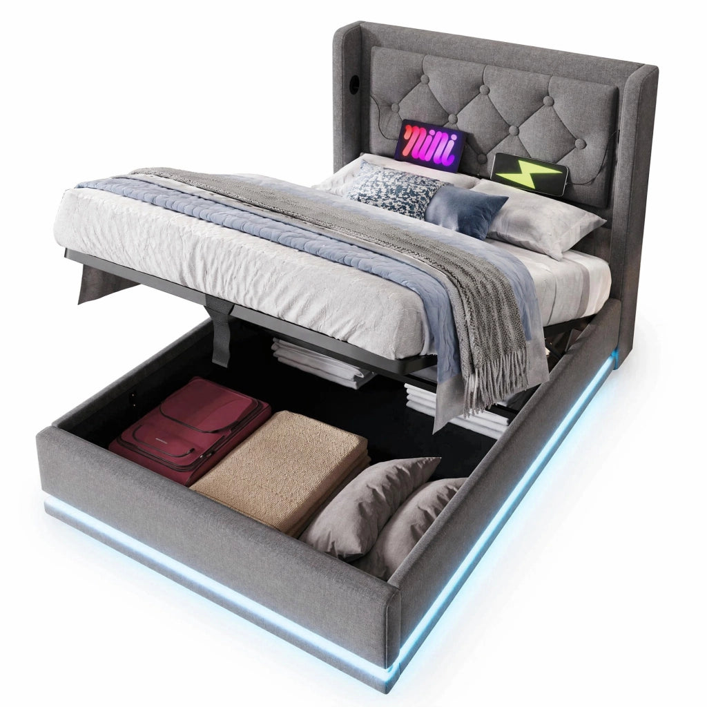 Letto imbottito con USB Type-C, LED e contenitore salvaspazio