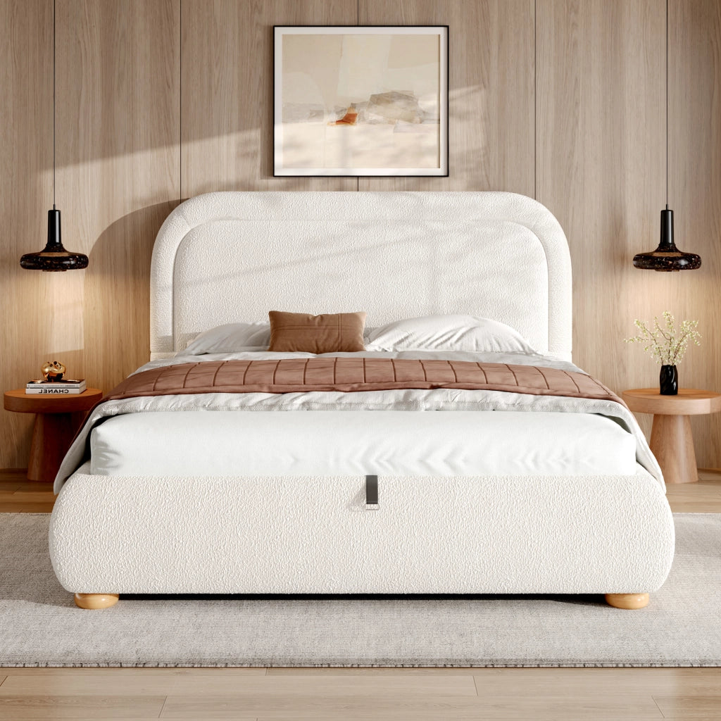 DESMIU Lit coffre 160 × 200 cm 2 posti con contenitore idraulico, senza materasso, in bouclé bianco