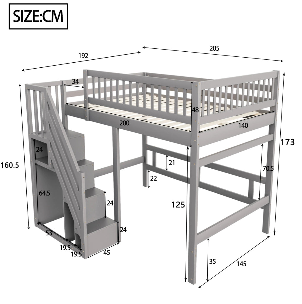 Letto rialzato per bambini 140x200 cm grigio in legno con scala contenitore