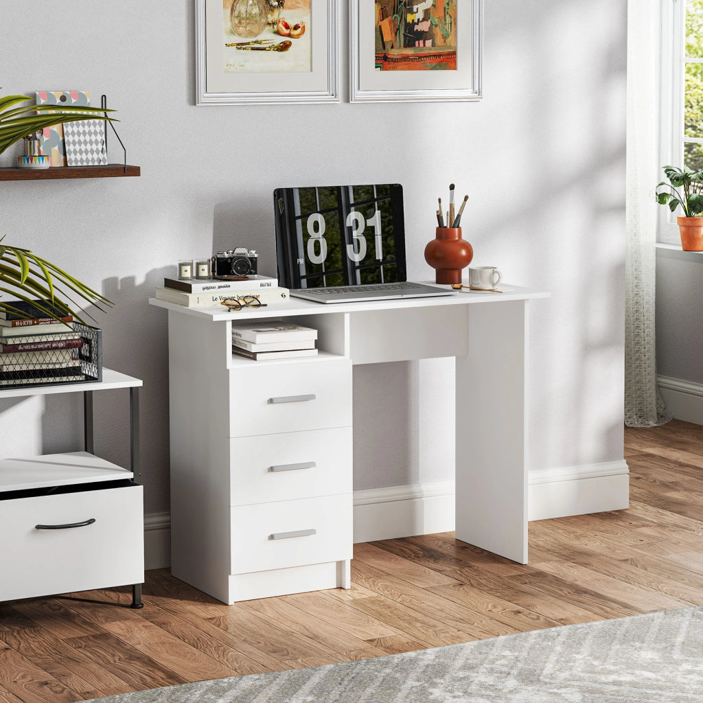 Scrivania per Computer ¨C Xylo ¨C Bianco con 3 Cassetti e Ripiano, 100x40x75 cm
