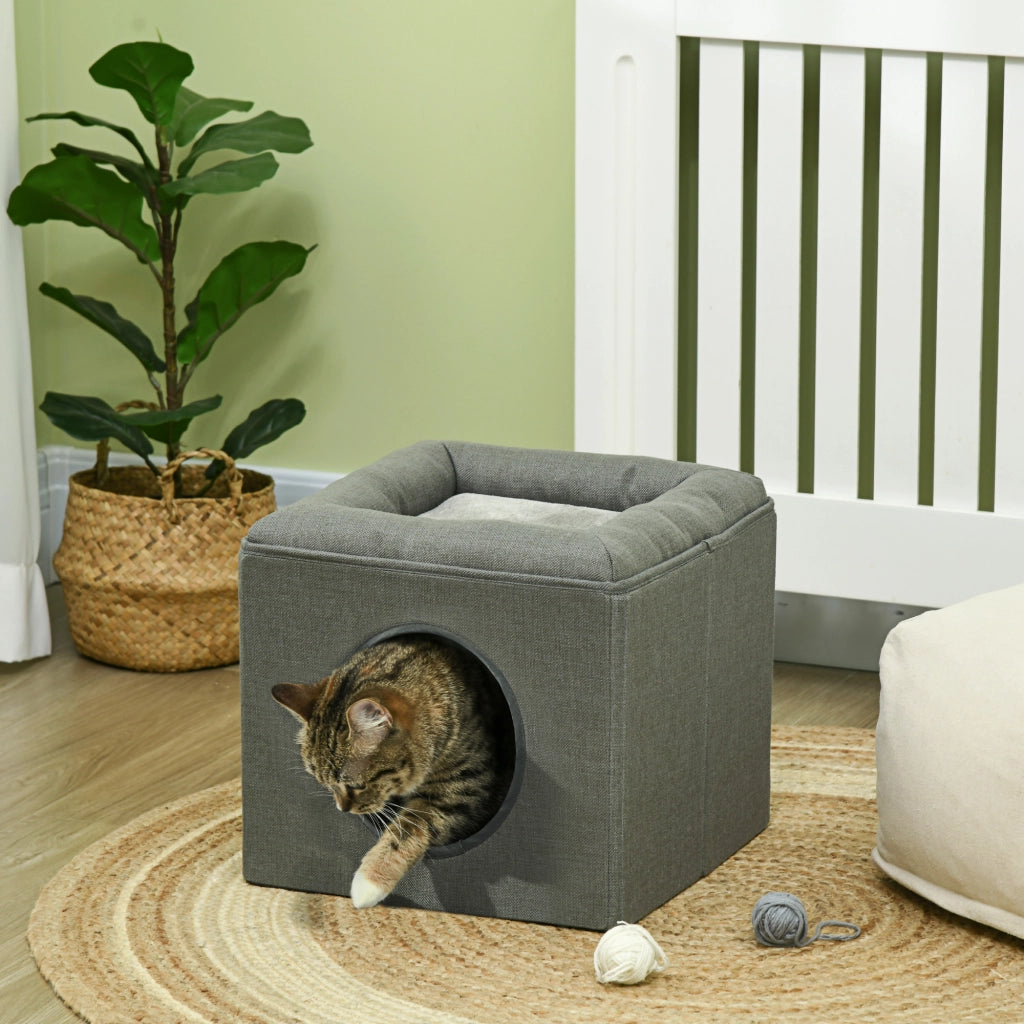 Casa per gatti a 2 livelli con cuscino morbido in peluche ¨C Xylo ¨C grigio 36,5x36,5x33cm