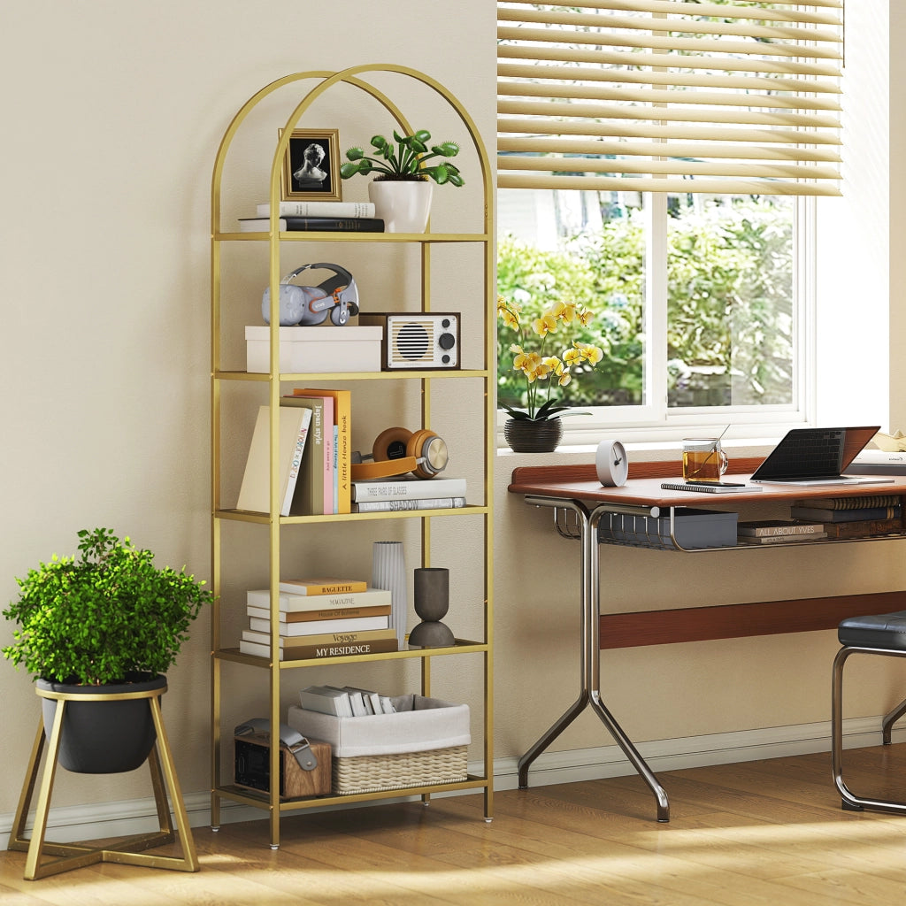 Scaffale Libreria Portaoggetti ad Arco 60x30x175 cm a 5 Ripiani in Acciaio e Vetro Temperato Oro