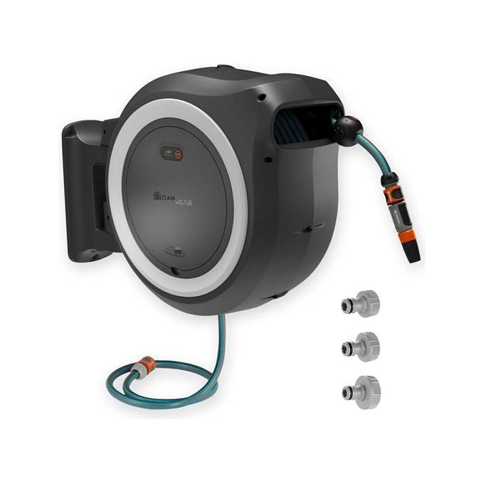 GARDENA 18647-55 Avvolgitubo a Parete PowerRoll XXL Automatico con Batteria 40 m Diametro Tubo 13 mm Angolo Rotazione 180° Funzione Roll Control Plus colore Grigio-bianco