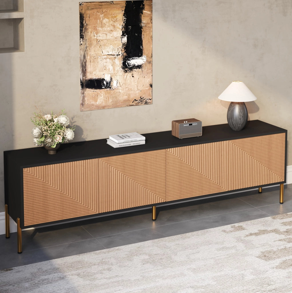 Mobile TV 179x35x53.5 cm con 4 ante e spazio contenitore in truciolare nero e naturale