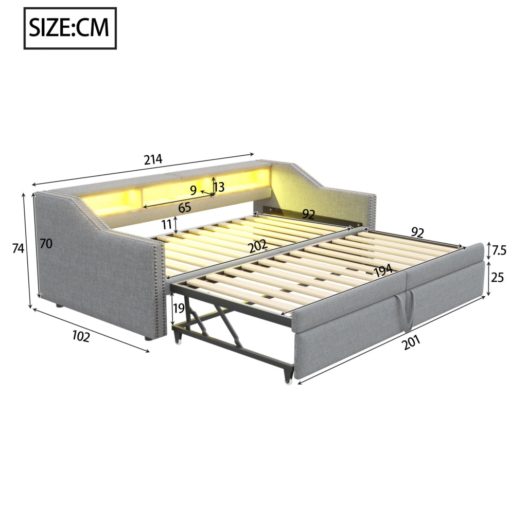 Divano letto imbottito estraibile 90/180 x 200 cm in lino grigio chiaro con vano laterale e USB