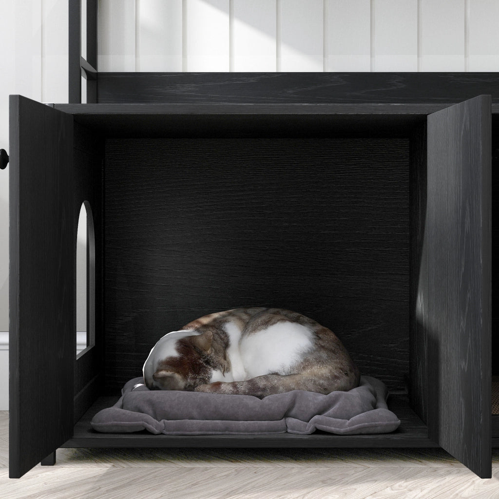 MOBILETTO LETTIERA per gatti con scaffali 3 livelli, nero, MDF e metallo