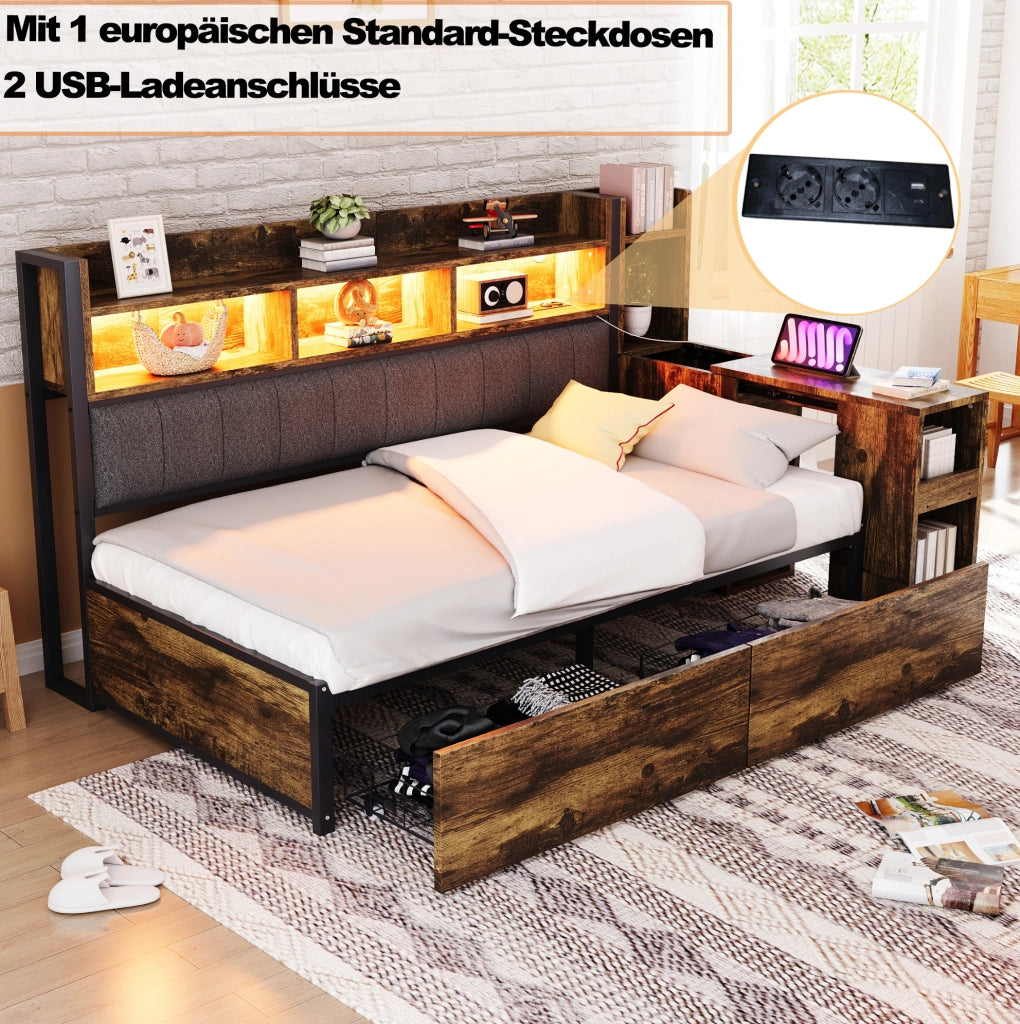 Letto singolo multifunzione 90x200 cm in metallo e legno; color legno naturale; con scrivania e vani contenitore