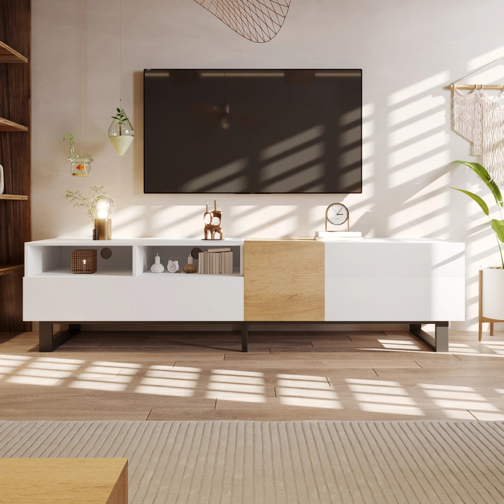 OKWISH Mobile TV con 2 Ante 2 Cassetti e 2 Vani Aperti, Stile Moderno per Soggiorno, MDF Bianco e Legno 180 x 38 x 50 cm