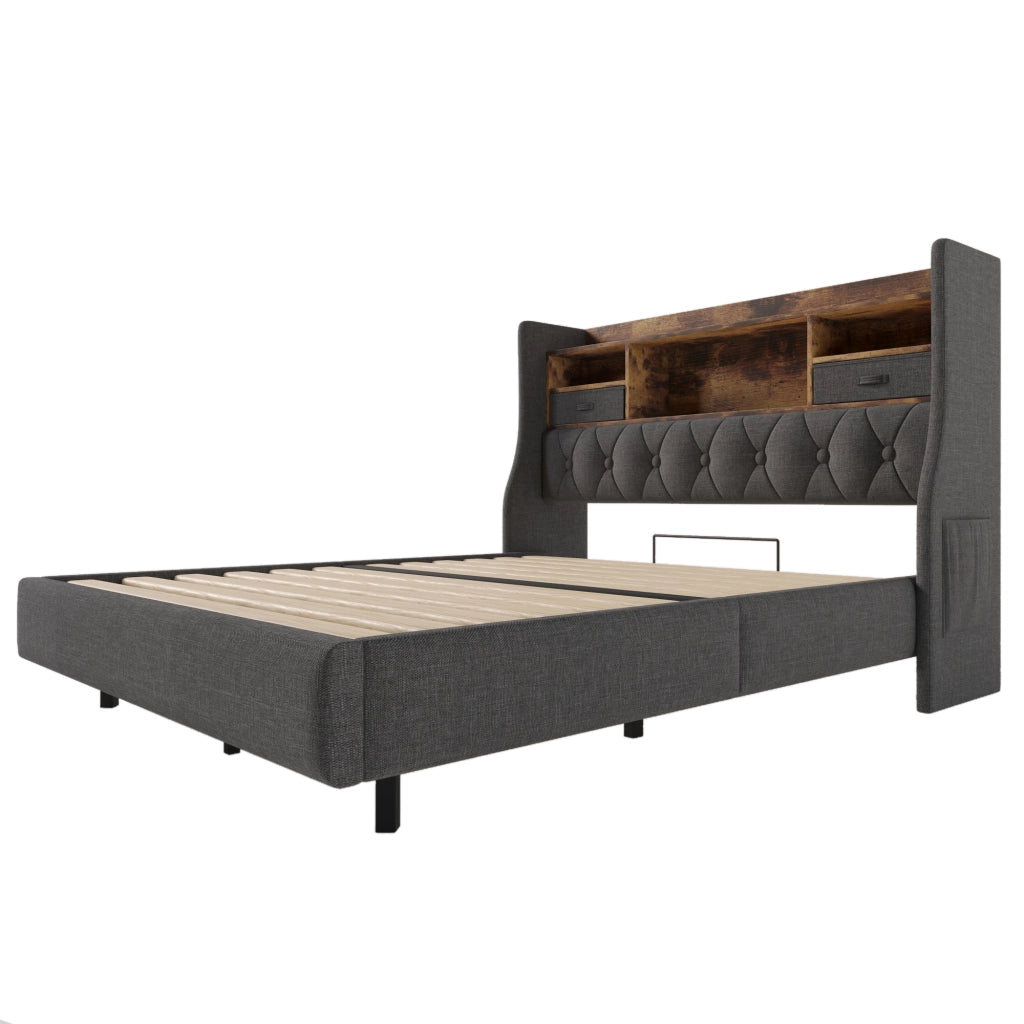 Letto matrimoniale 140x190 cm in lino grigio con LED, testiera portaoggetti e porte USB/Type-C, senza materasso
