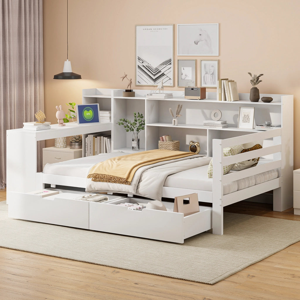 Letto singolo salvaspazio 90×200 cm con scrivania; libreria; cassetti; prese USB; senza materasso; legno; bianco