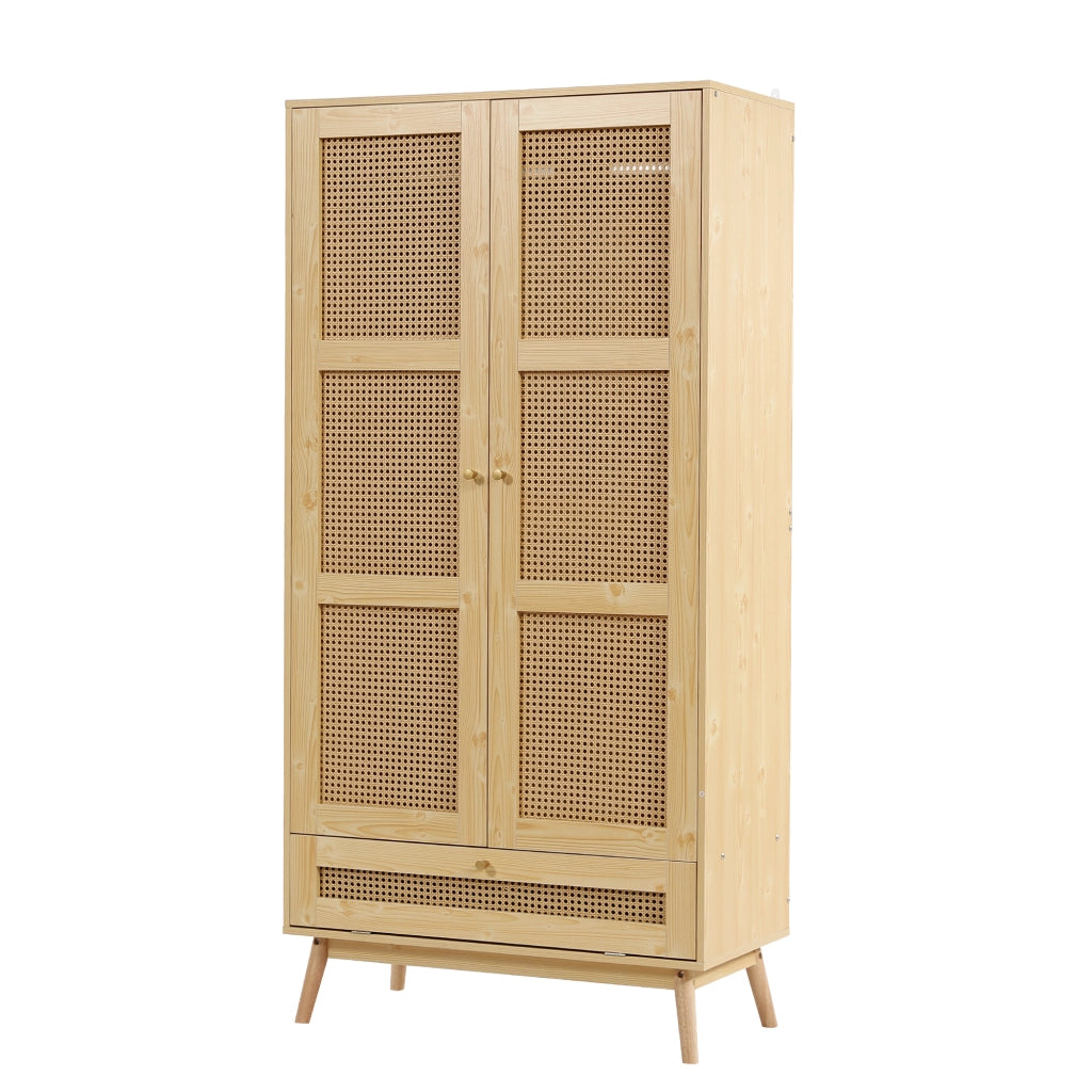 Armadio Camera da Letto 90×45×183 cm con Porte in Rattan; Barra Porta Abiti e Spazio Salvaspazio Inferiore