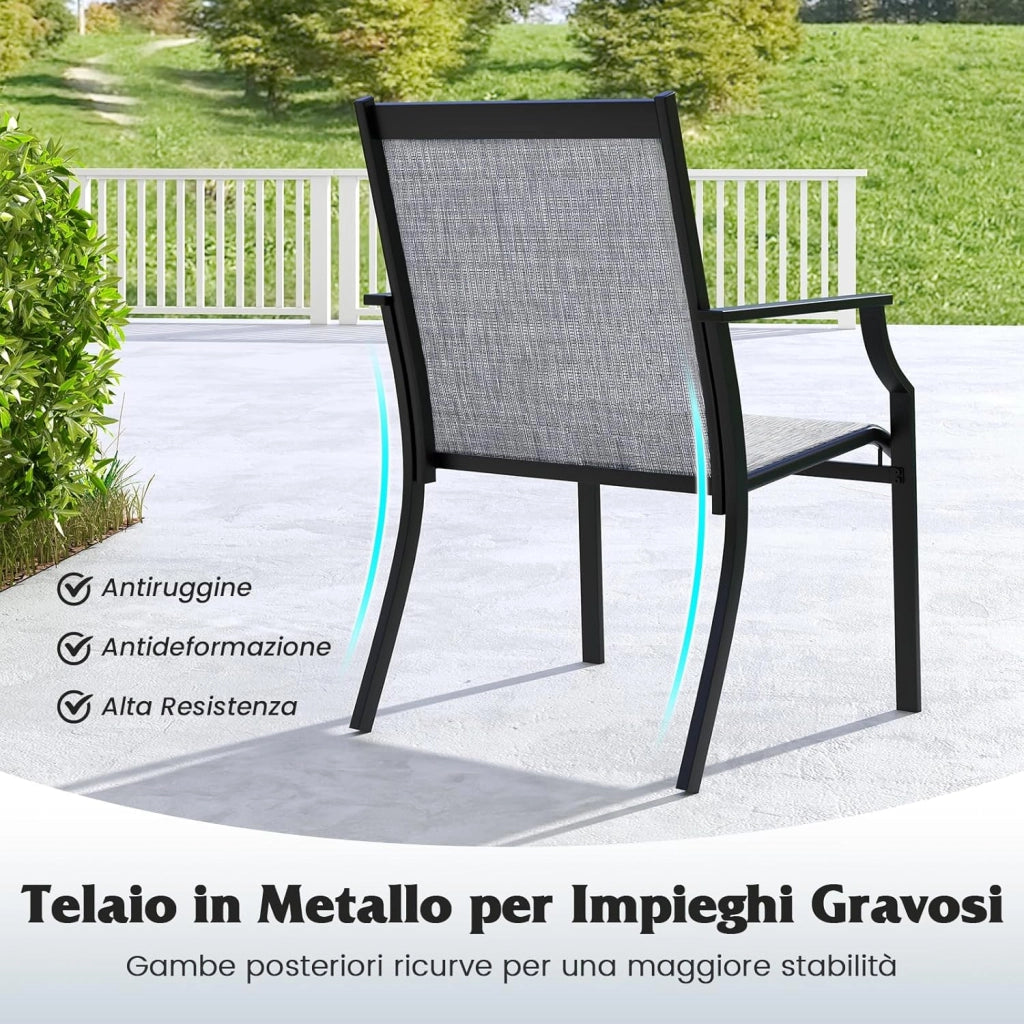 2 Sedie da Pranzo per Patio, Poltrone da Esterno con Seduta Traspirante e Telaio in Metallo, Schienale Ergonomico e Braccioli, Poltrone con Schienale Alto per Portico, Cortile, Prato(Grigio)