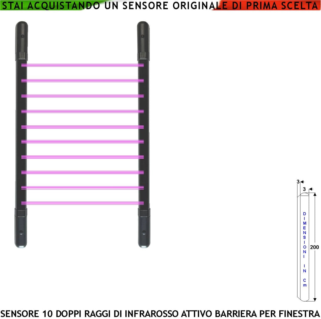 Barriera Infrarossi Attivi 10 Multifasci Segnala Allarme Rispetto alla Programmazione Dei Fasci Interrotti dal'Intruso Relè Libero Tamper Esclusione Led e Cicalino Aliment 12 V Misure H2000XL30XP30mm