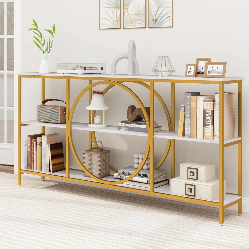 Tavolo Consolle a 3 Piani, Tavolo d’Ingresso con Piano in Legno, Struttura in Metallo e Ripiani, Tavolo per Corridoio, Soggiorno e Ingresso, 180 x 30 x 90 cm (Bianco e oro)