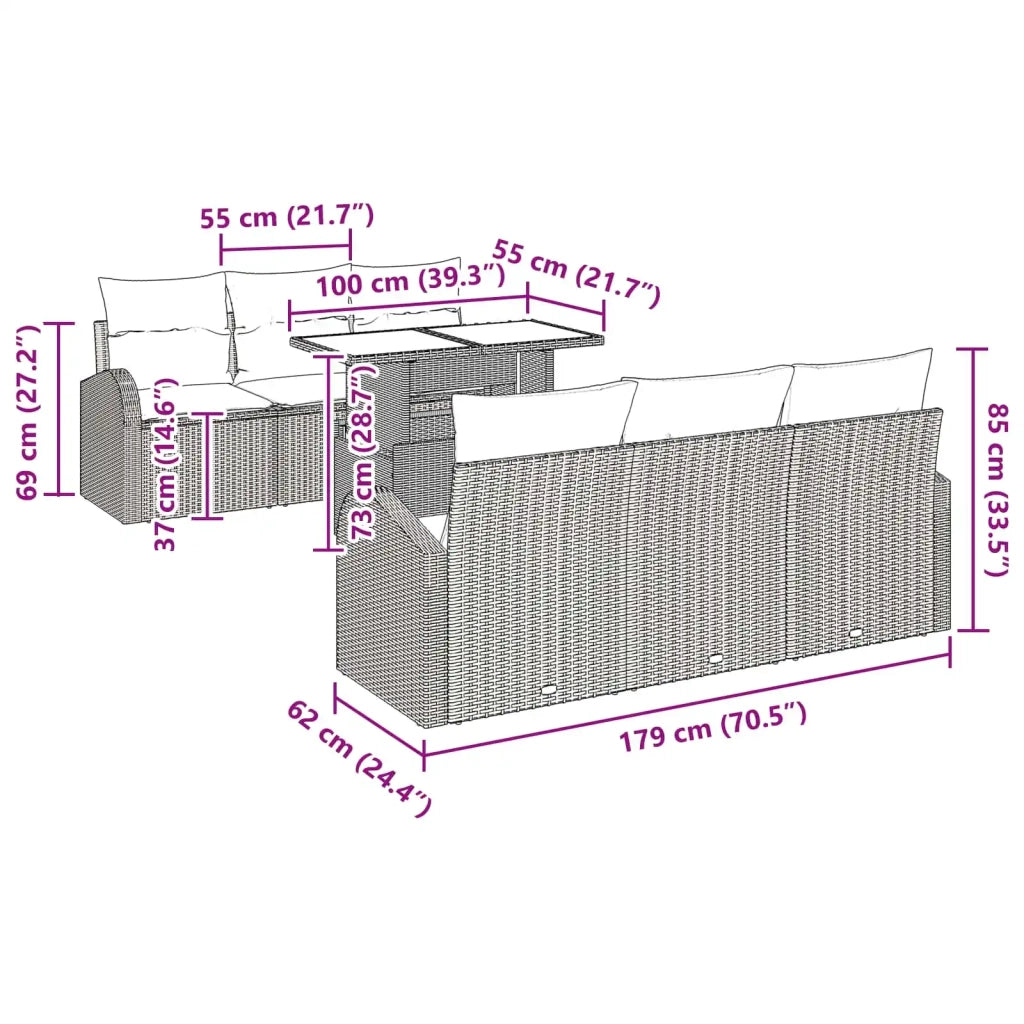 Set Divano da Giardino con cuscino 7 pcs Marrone Poly Rattan 3348570