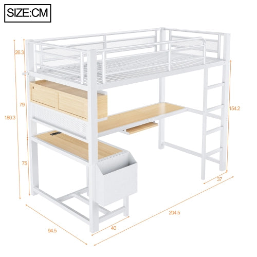 Letto a soppalco con scrivania 90x200 cm LEMONMAX, LED 7 colori, 2 prese e 2 USB, mensole, struttura in metallo, bianco