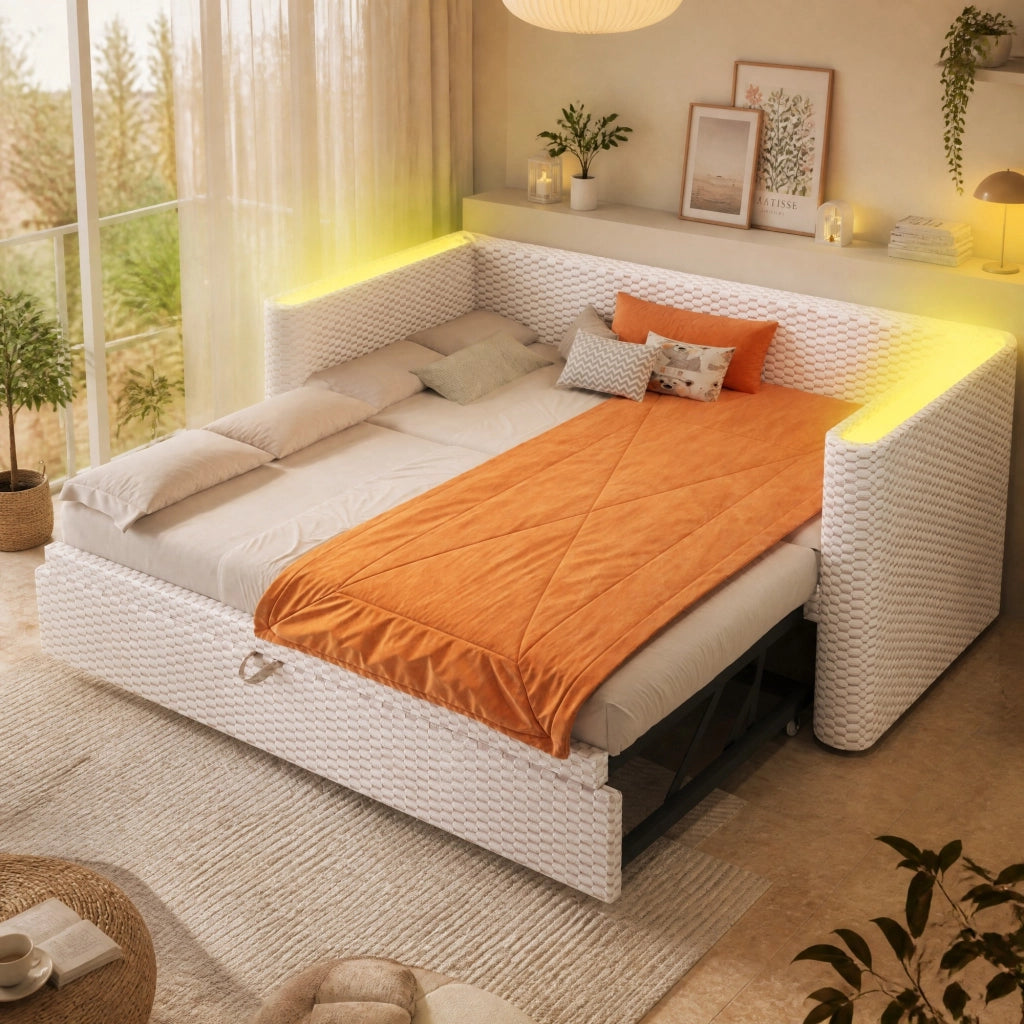 LETTO Estraibile 90x200 cm in velluto Beige con LED
