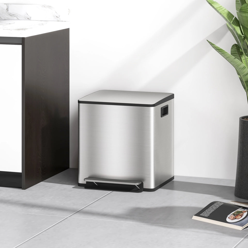 Pattumiera a Pedale 2 Scomparti ¨C Xylo ¨C 15L Acciaio Inox Coperchio Silenzioso 41.8x36.7x44cm