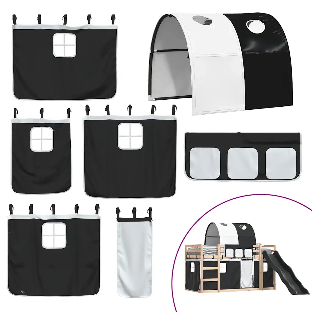 Letto singolo | Letto per adulti | Letto a Castello con Scivolo e Tende Bianco e Nero 80x200 cm