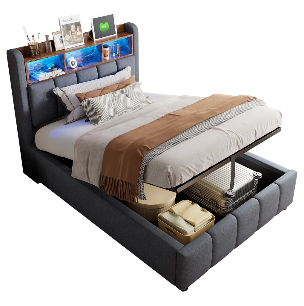 Letto imbottito 90x200 cm con LED; USB e vano contenitore; grigio; con materasso