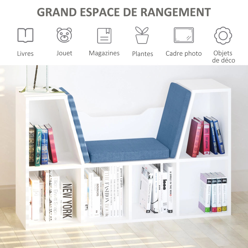 Libreria panca 2 in 1 con cuscini seduta ¨C Xylo ¨C 6 scomparti aperti legno blu 102x30x61cm