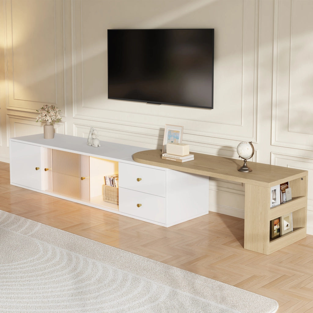 Mobile TV Estensibile 175x40x38 cm Bianco Legno con LED RGB, 2 Cassetti e Ante in Vetro Scorrevoli