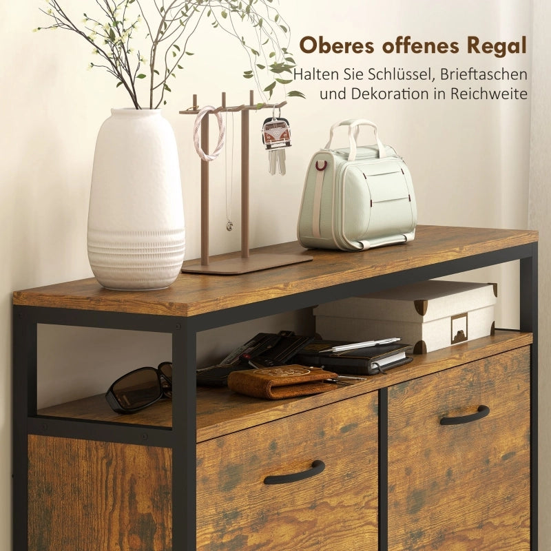Scarpiera con 4 cassetti a ribalta, design sottile, ripiano a giorno, per 12-20 paia di scarpe, in acciaio, marrone.