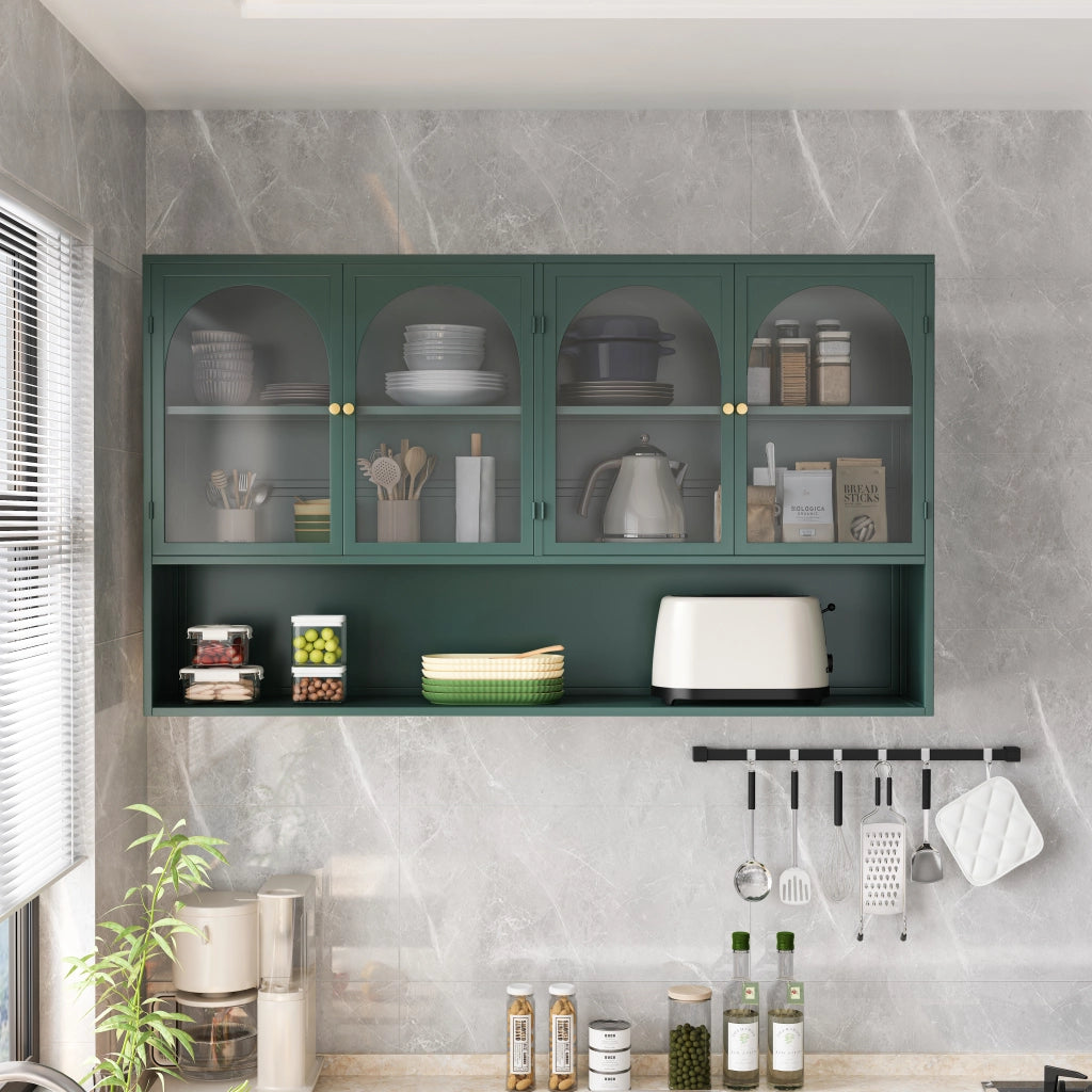 Pensile a 4 ante in vetro e metallo, stile industriale, per cucina e soggiorno, verde scuro, 120 × 23 × 70 cm