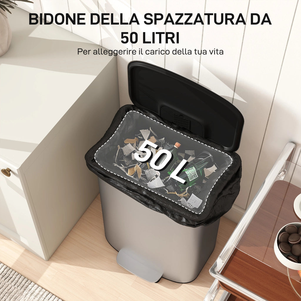 Pattumiera a Pedale da 50L con Coperchio Ammortizzato. Apertura a 90¡ã e Secchio Rimovibile. Acciaio Inox. Grigio