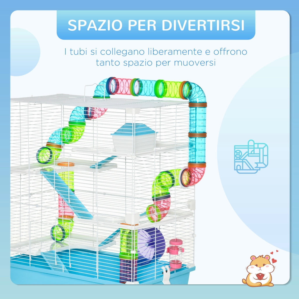 Gabbia per Criceti 5 Piani ¨C Xylo ¨C con Tubi, Casetta, Ruota e Abbeveratoio, 59x36x69 cm