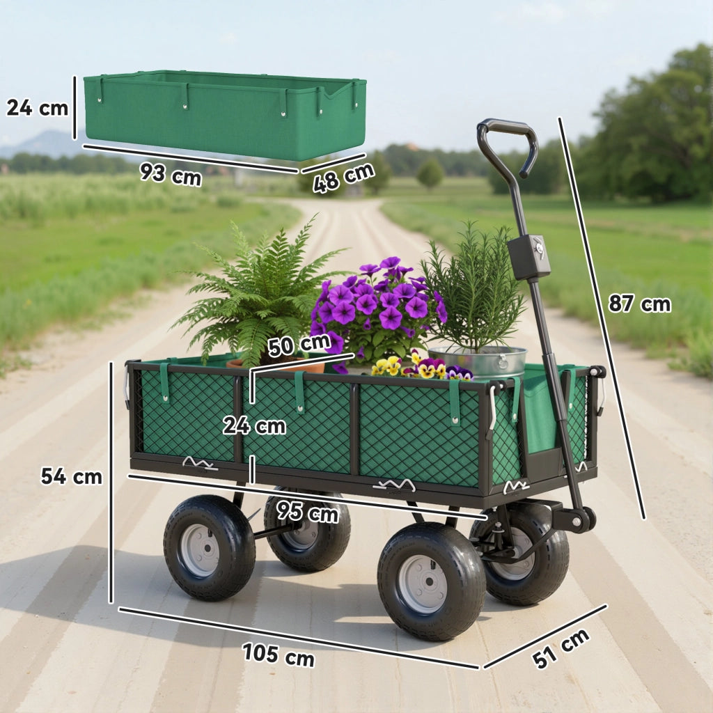 Carrello da Giardino in Acciaio 114L ¨C Xylo ¨C Verde, con Sacca e Pareti Rimovibili 105x51x54cm