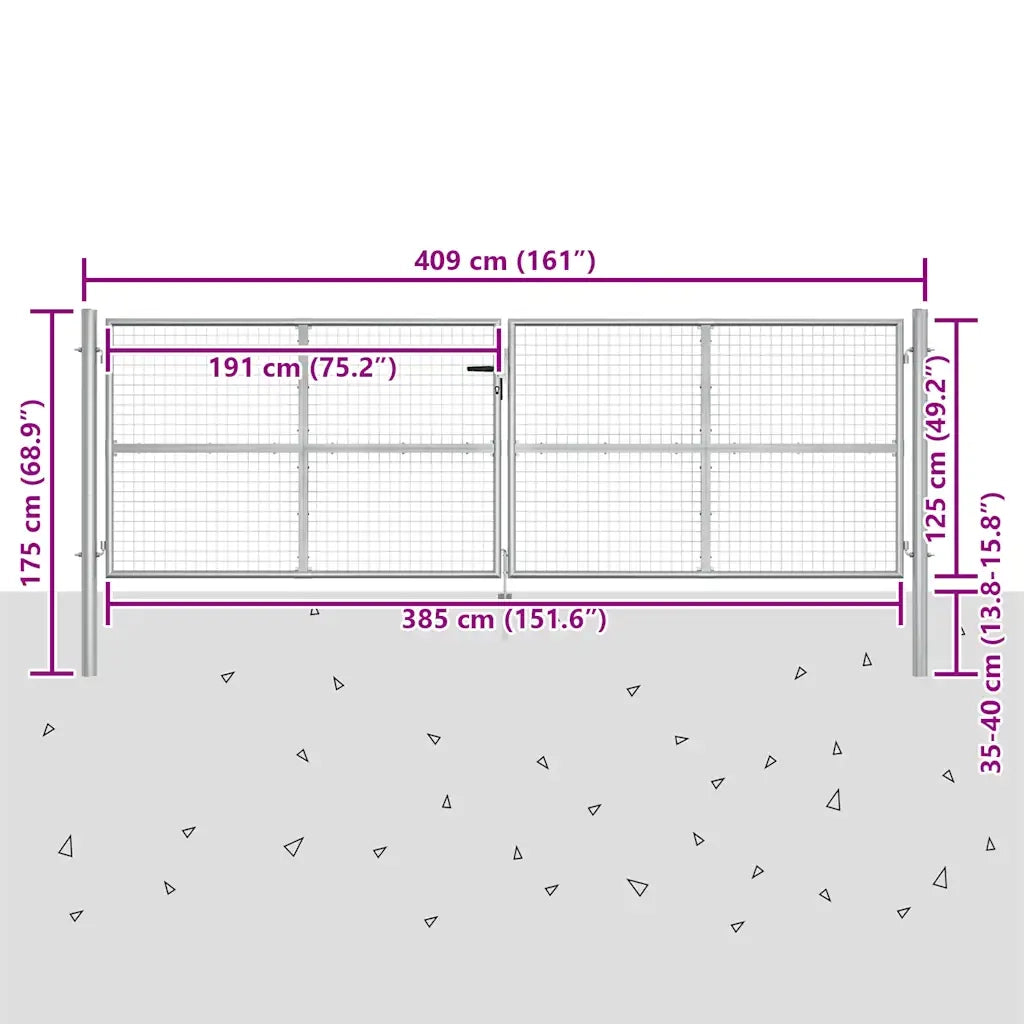 Cancello da Giardino in Acciaio Zincato 400x150 cm Argento 144301