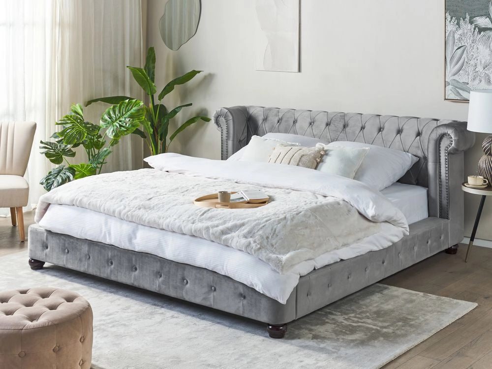 Letto 180 x 200 cm in velluto grigio con  rete a doghe Chesterfield testiera classica
