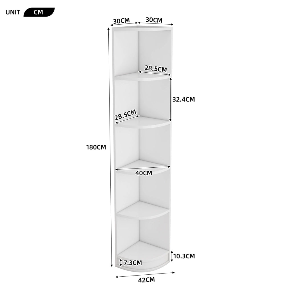 Libreria angolare 42x30x180 cm a 5 ripiani salvaspazio in MDF bianco