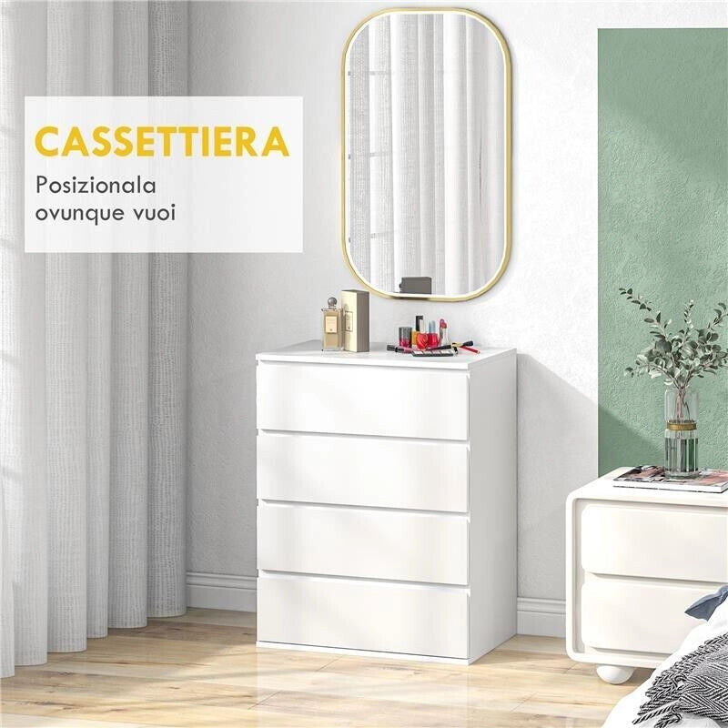 CASSETTIERA 4 CASSETTI IN TRUCIOLATO CON GUIDE IN METALLO E MANIGLIE SCANALATE, 60X40X80 CM, BIANCO