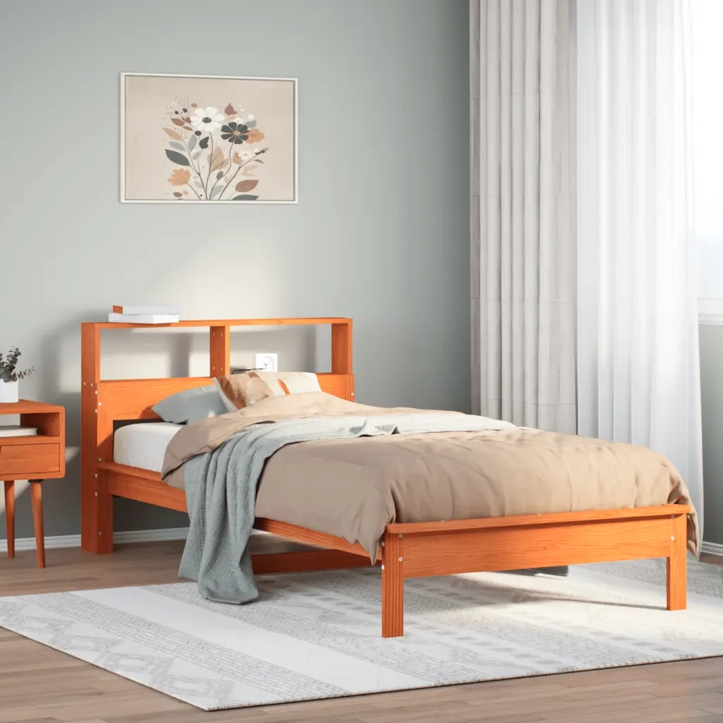Letto Libreria senza Materasso-Struttura Letto con contenitore Marrone Cera 100x200 cm in Pino 958714